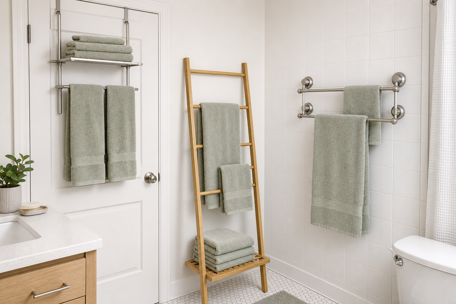 Three no-drill bathroom towel storage options in a rental: an over-door rack, a freestanding ladder rack, and a suction-mounted double bar on smooth tile