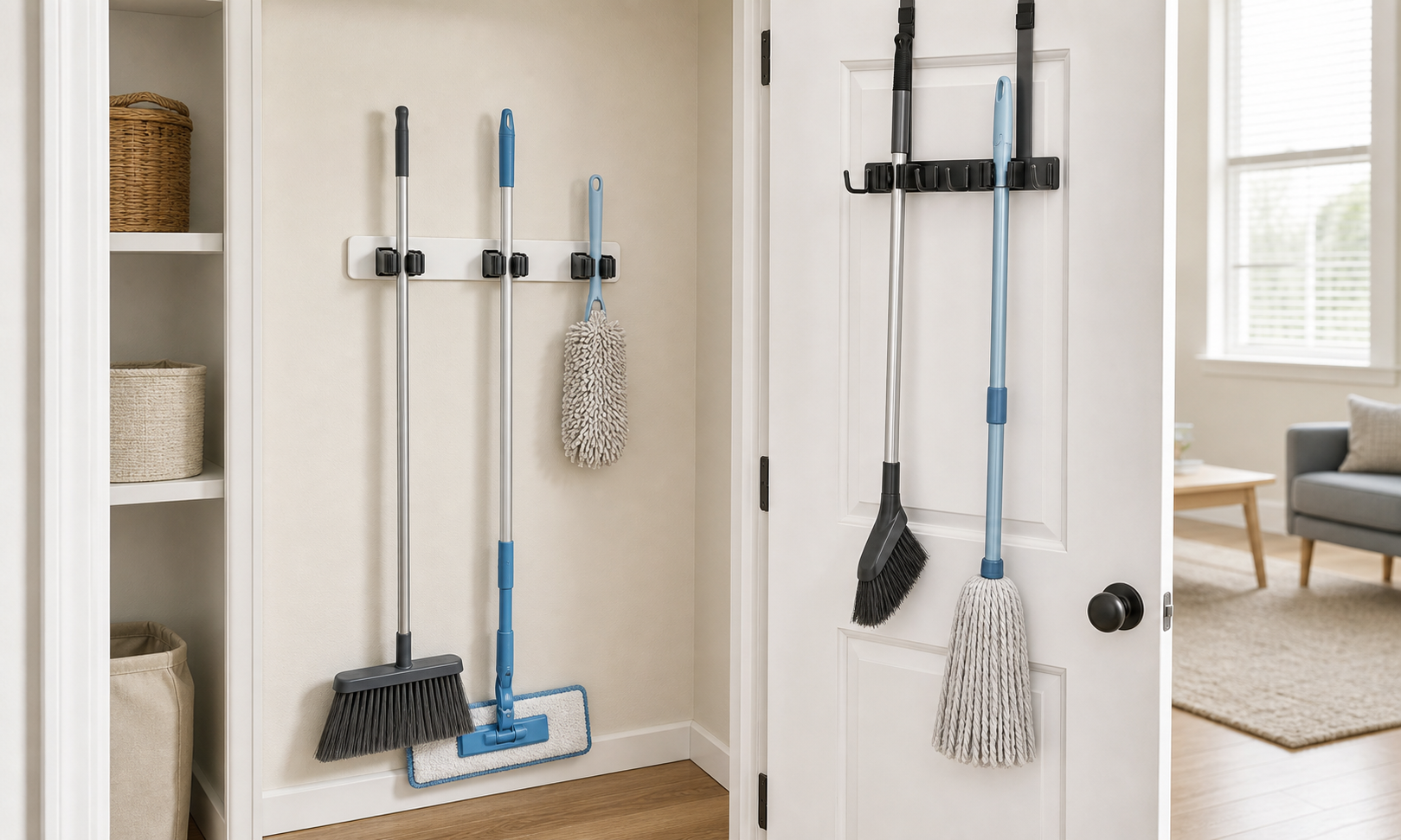 Adhesive wall rail and padded over-the-door holder organizing lightweight brooms, a flat mop, and a duster in a rental utility closet