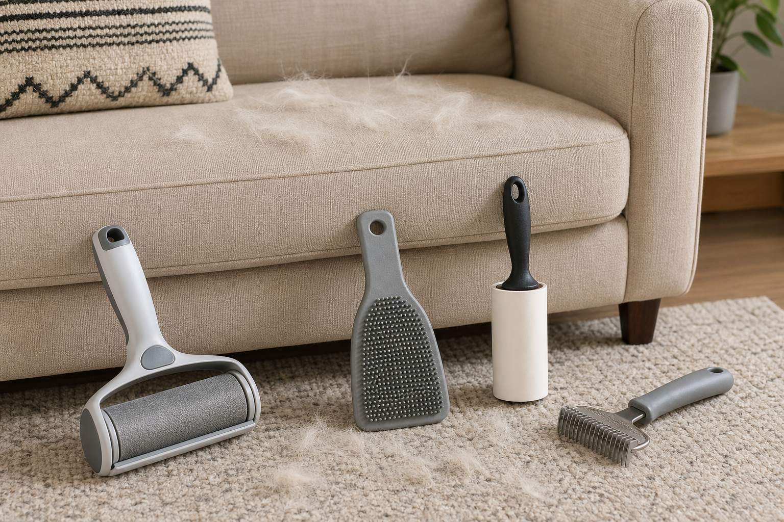 Reusable pet hair roller, rubber upholstery brush, lint roller, and small carpet rake beside a fabric couch and low-pile rug with visible pet fur