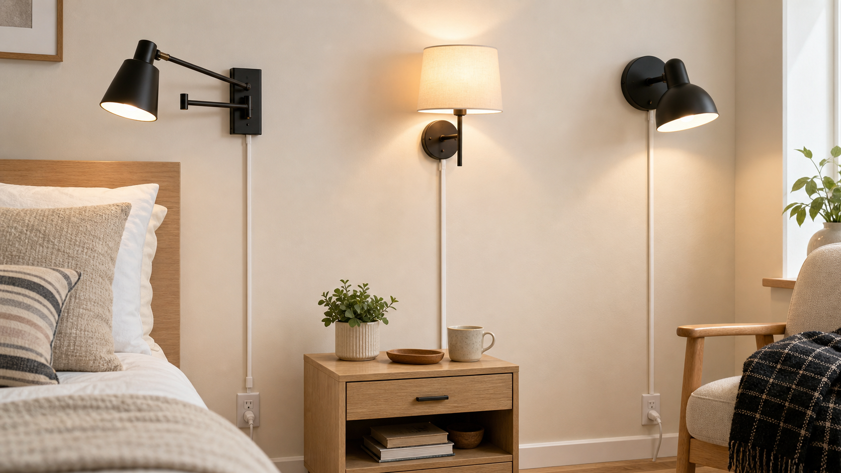 Three unbranded plug-in wall sconce styles in a rental bedroom, with visible cords routed down to outlets