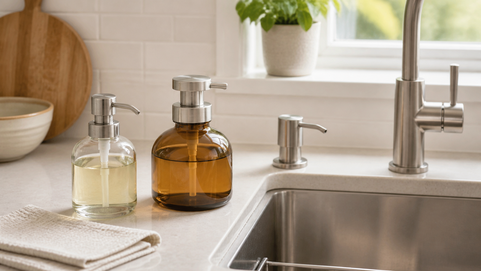 Two unbranded refillable countertop soap dispensers and a deck-mounted pump arranged beside a clean kitchen sink