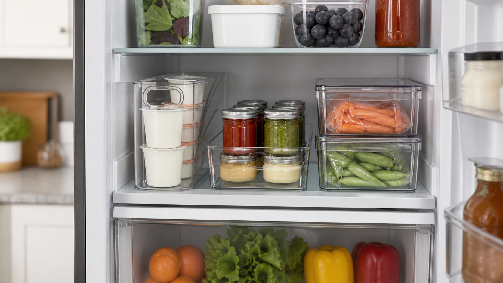 Clear handled, open, and stackable organizer bins arranged on narrow refrigerator shelves