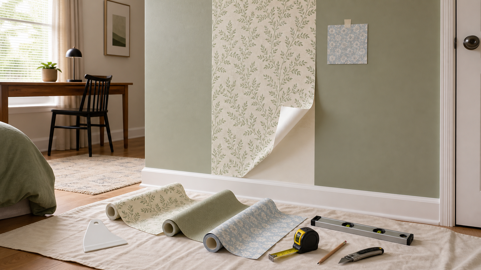 Removable wallpaper rolls, smoothing tool, tape measure, level, and a test swatch arranged for a first installation on a smooth rental wall