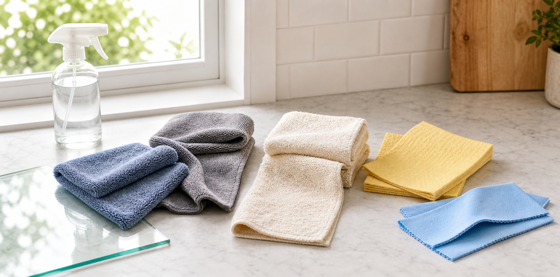 Microfiber, cotton terry, cellulose, and smooth lint-free reusable cleaning cloths arranged on a kitchen counter for comparison