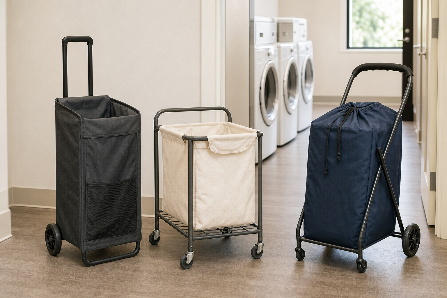 Three unbranded rolling laundry hamper formats in an apartment hallway outside a shared laundry room: a narrow pull hamper, a four-wheel cart with removable canvas bag, and a folding cart with a drawstring liner