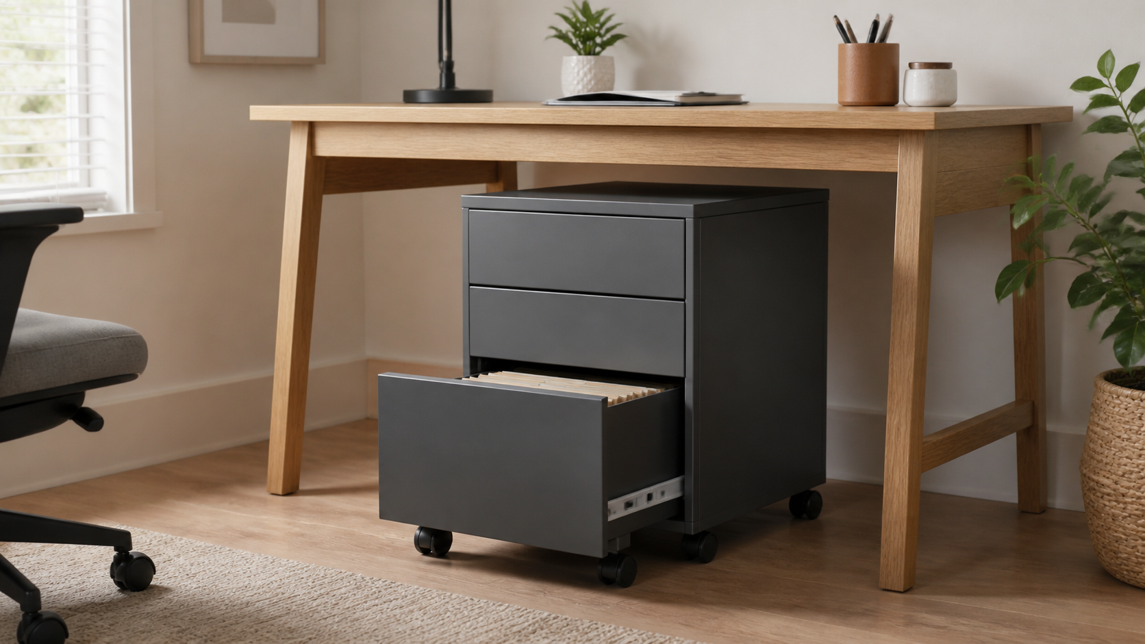 Unbranded three-drawer rolling file cabinet with an open hanging-file drawer beneath a wood home-office desk