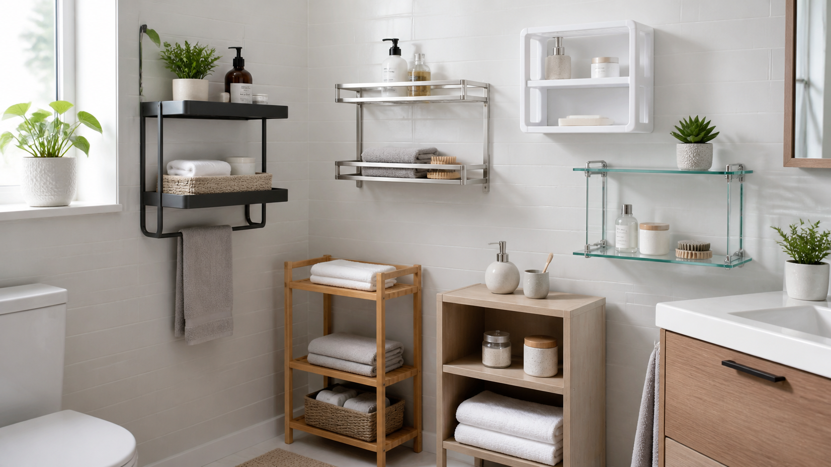 Bathroom displaying coated metal, stainless steel, plastic, glass, bamboo, and wood-look shelf formats