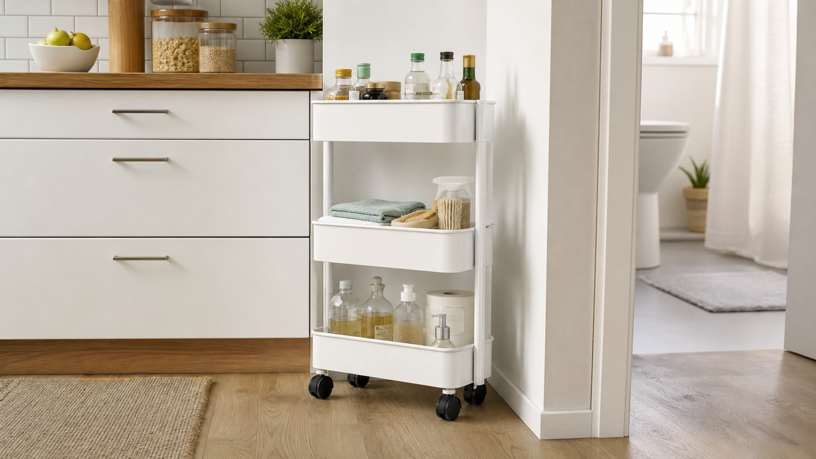 Narrow three-tier rolling cart with raised shelf edges and visible caster clearance beside a small kitchen cabinet