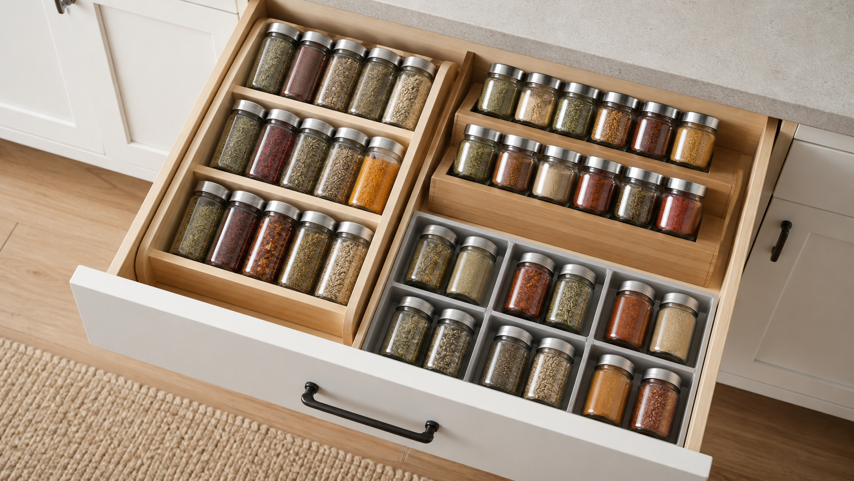 Open shallow kitchen drawer showing unbranded spice jars arranged in angled, tiered, and modular organizer sections
