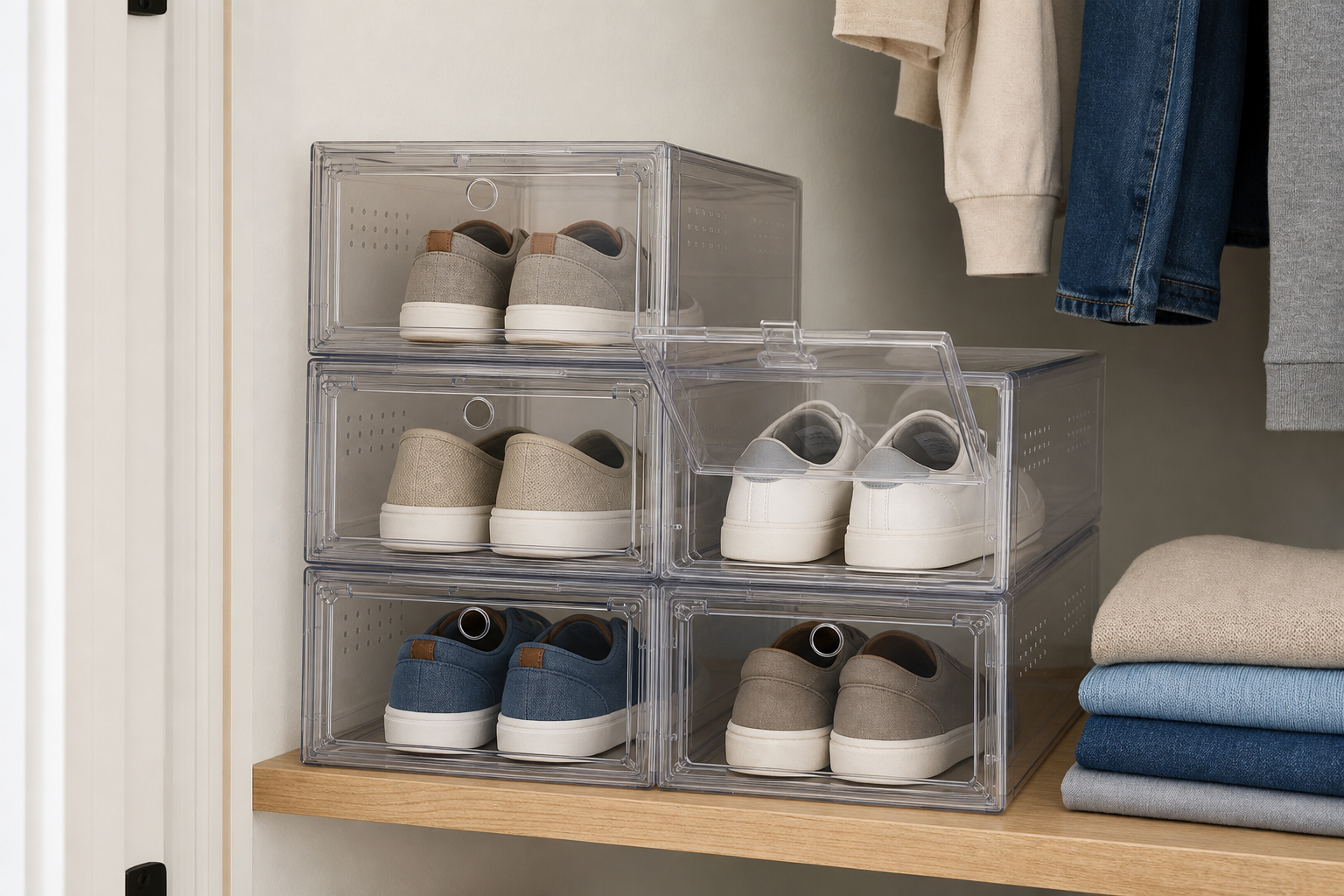 Clear rigid front-opening shoe boxes stacked securely on a closet shelf with low-top shoes visible inside
