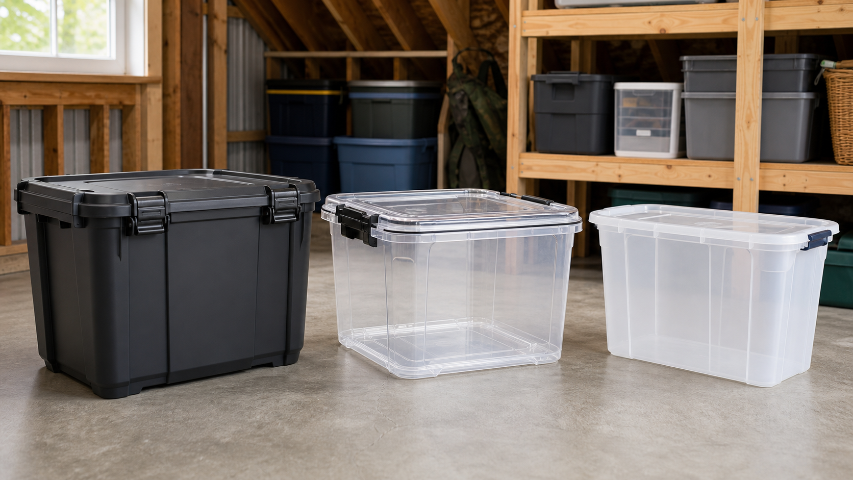 Heavy-duty opaque, clear gasket-lid, and lightweight translucent storage totes arranged for comparison in a dry garage storage area