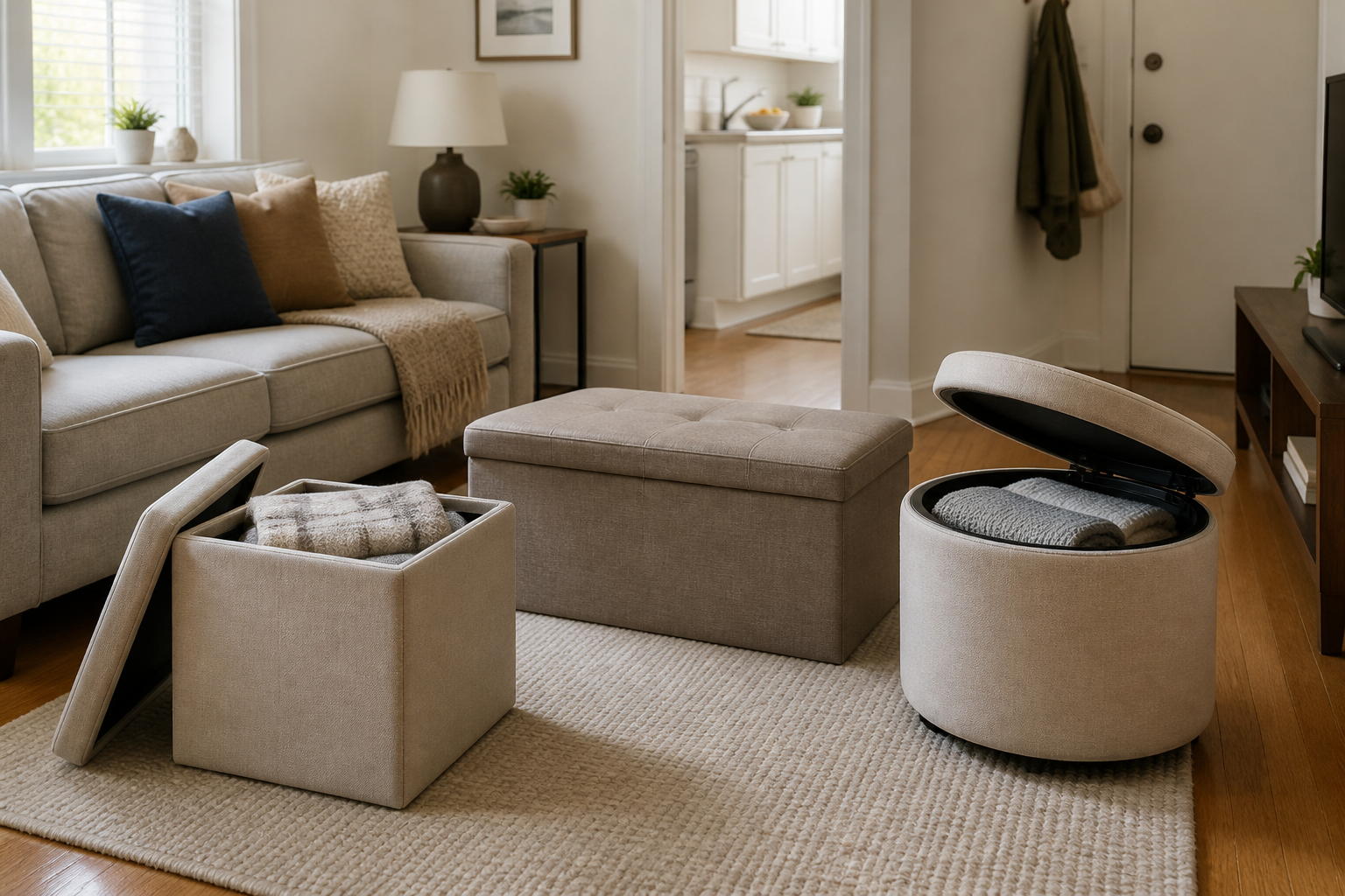 Cube, rectangular bench, and round storage ottomans arranged in a small living room, with two lids open to show folded blanket storage