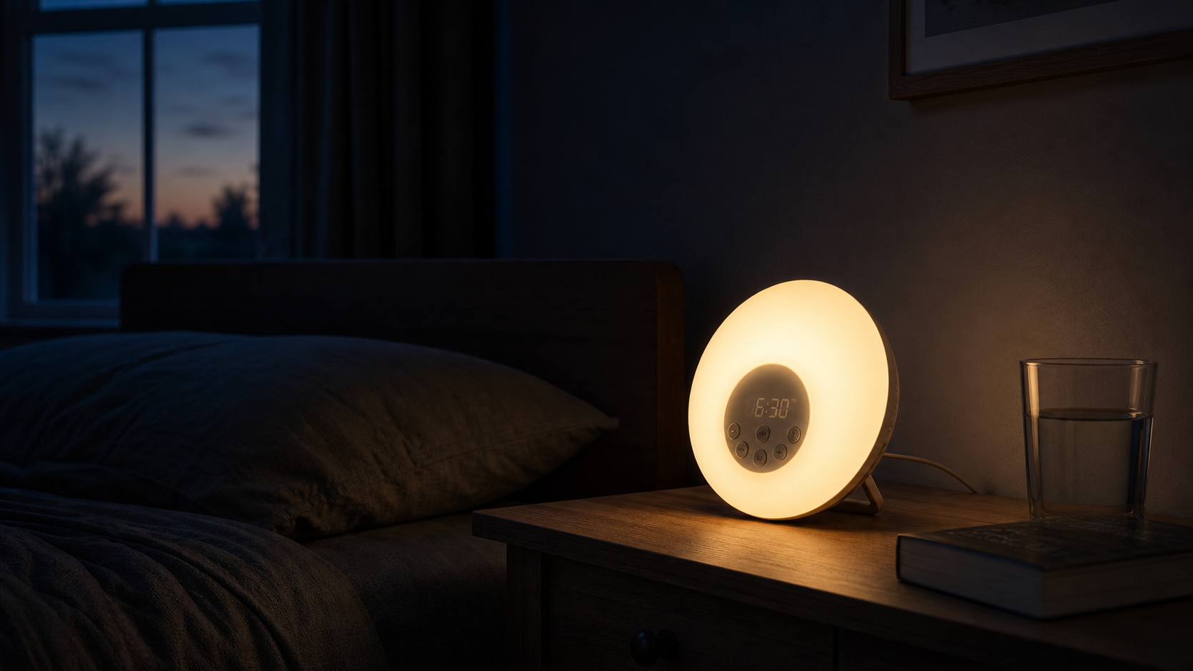 Circular sunrise alarm clock glowing warm amber on a compact wooden nightstand in a dark bedroom before dawn