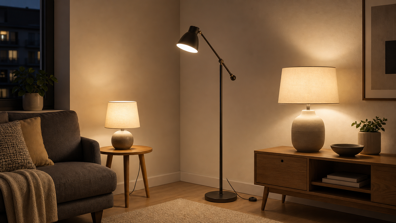 Three unbranded apartment lamp styles switched on: a compact shaded table lamp, an adjustable task lamp, and a broad-shade ambient lamp