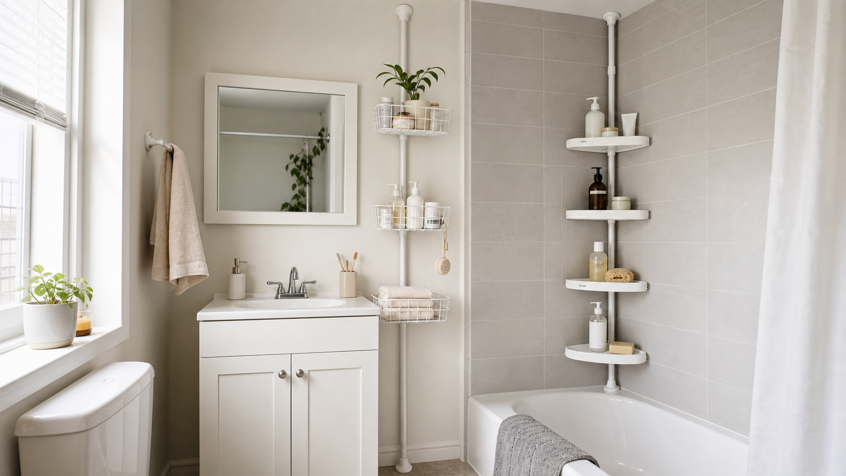 A compact rental bathroom with a floor-to-ceiling tension shelf beside the vanity and a corner tension caddy over the tub