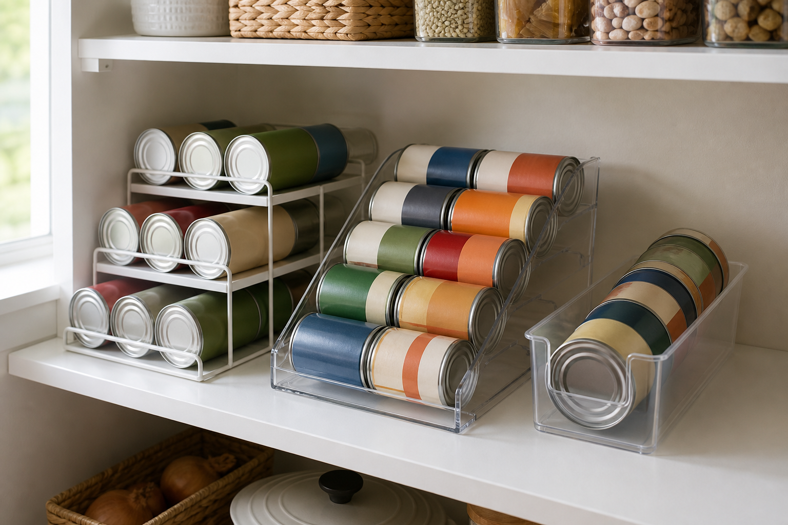 Stepped rack, sloped gravity-feed organizer, and open bin holding generic cans on a shallow pantry shelf