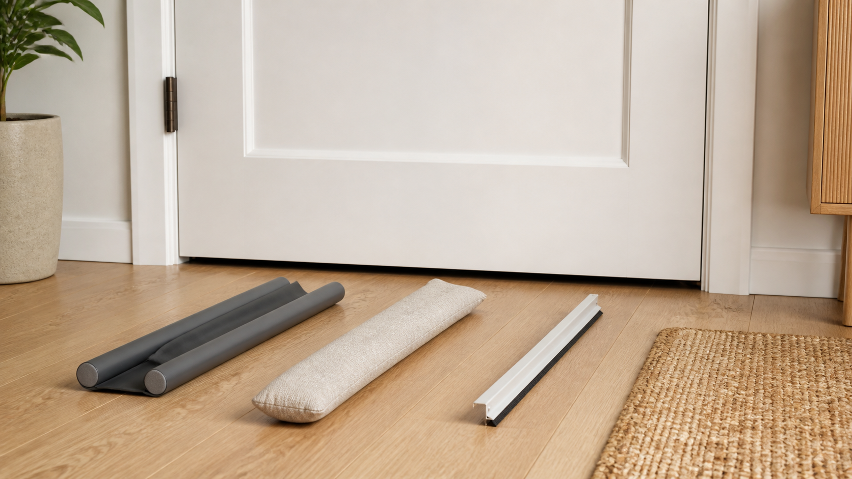 Three unbranded under-door blocker styles—a twin draft blocker, weighted fabric door snake, and removable sweep—arranged beside an apartment door