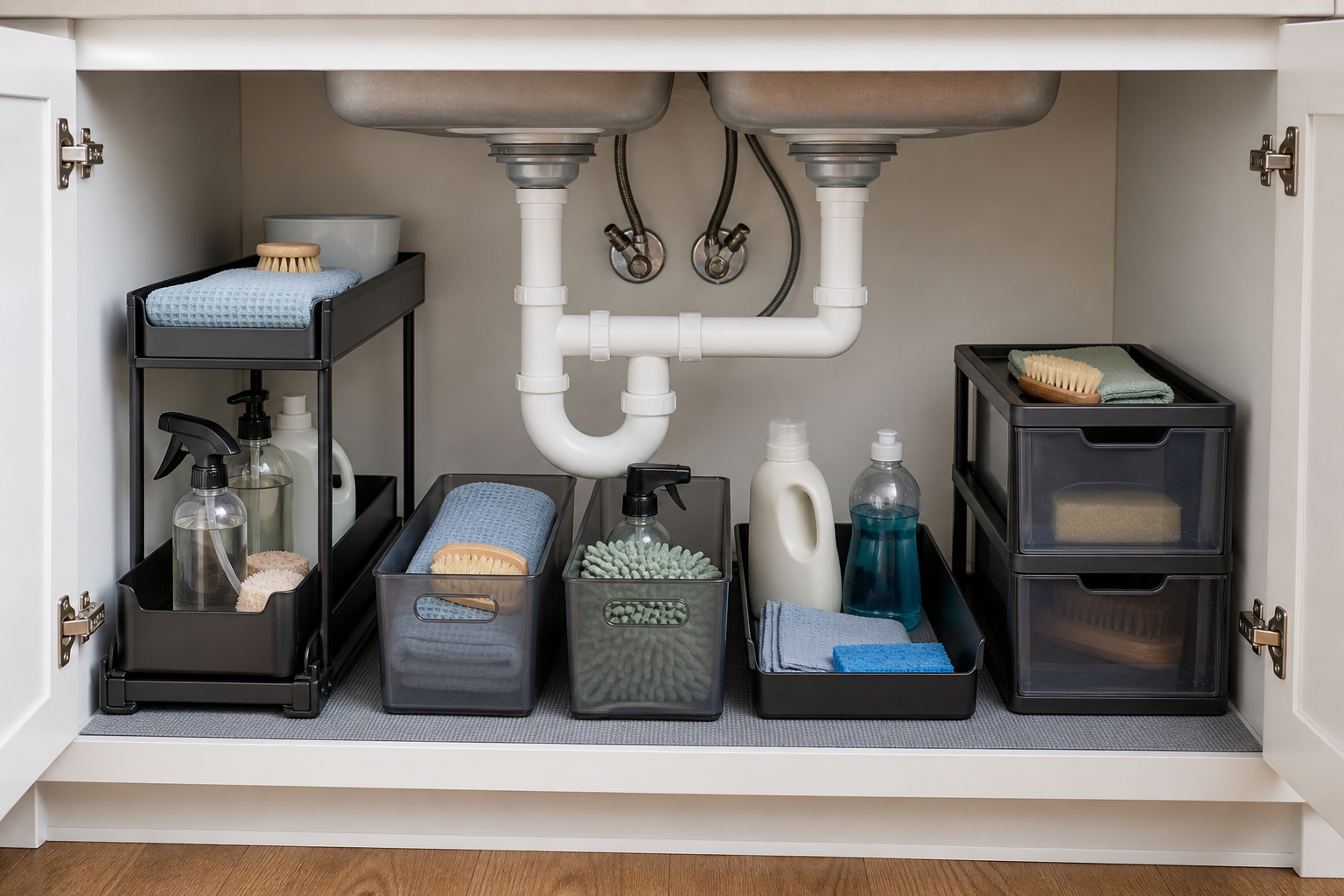 Under-sink cabinet with pull-out shelves, handled bins, a low tray, and drawers arranged around visible pipes and shutoff valves