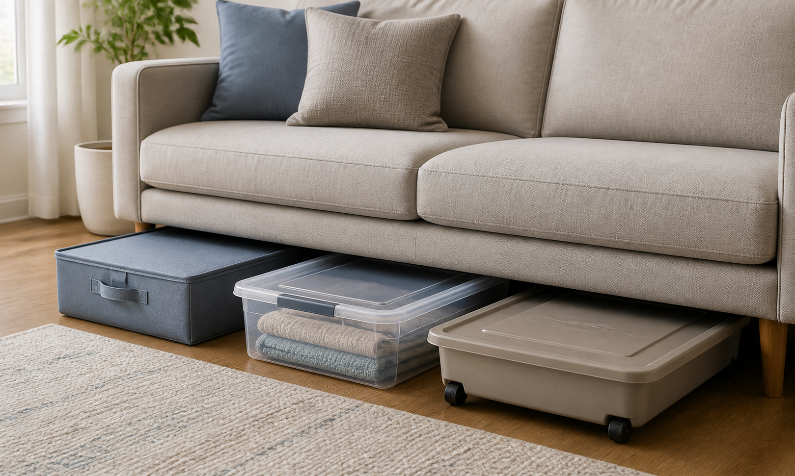 Fabric, clear plastic, and wheeled low-profile storage bins pulled partly from beneath a sofa