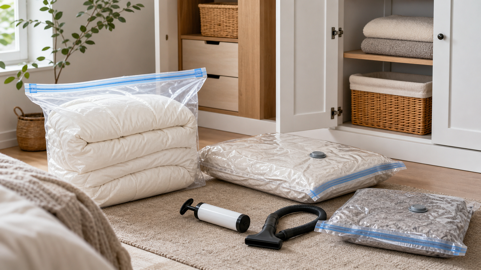 Clear vacuum storage bags holding a comforter and folded blankets, shown with compression valves, a hand pump, and a vacuum hose attachment