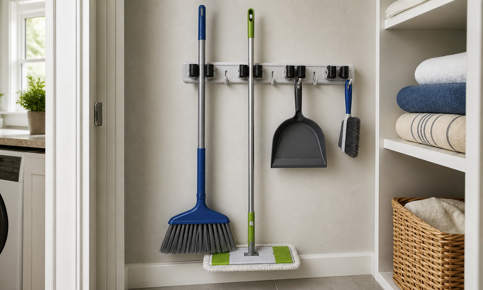 Wall-mounted grip rail organizing a broom, flat mop, dustpan, and cleaning brush with space between tool heads in a utility closet