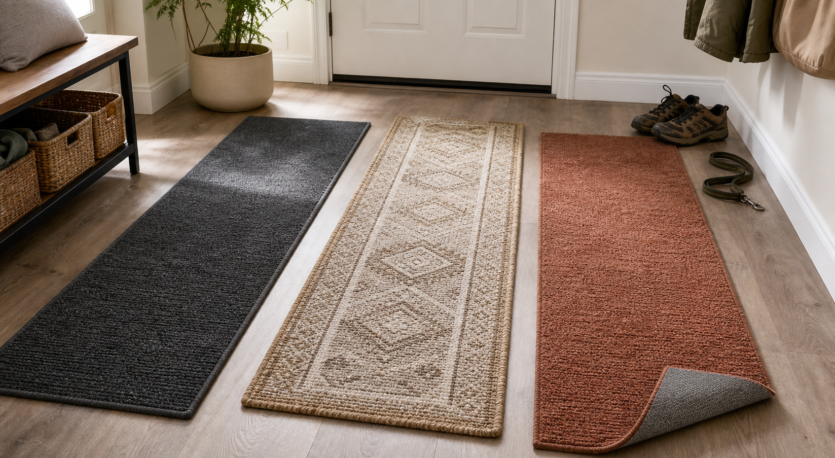 Three realistic washable entryway runner styles arranged side by side on a hard floor near muddy walking shoes and a pet leash, with one corner lifted to show the backing
