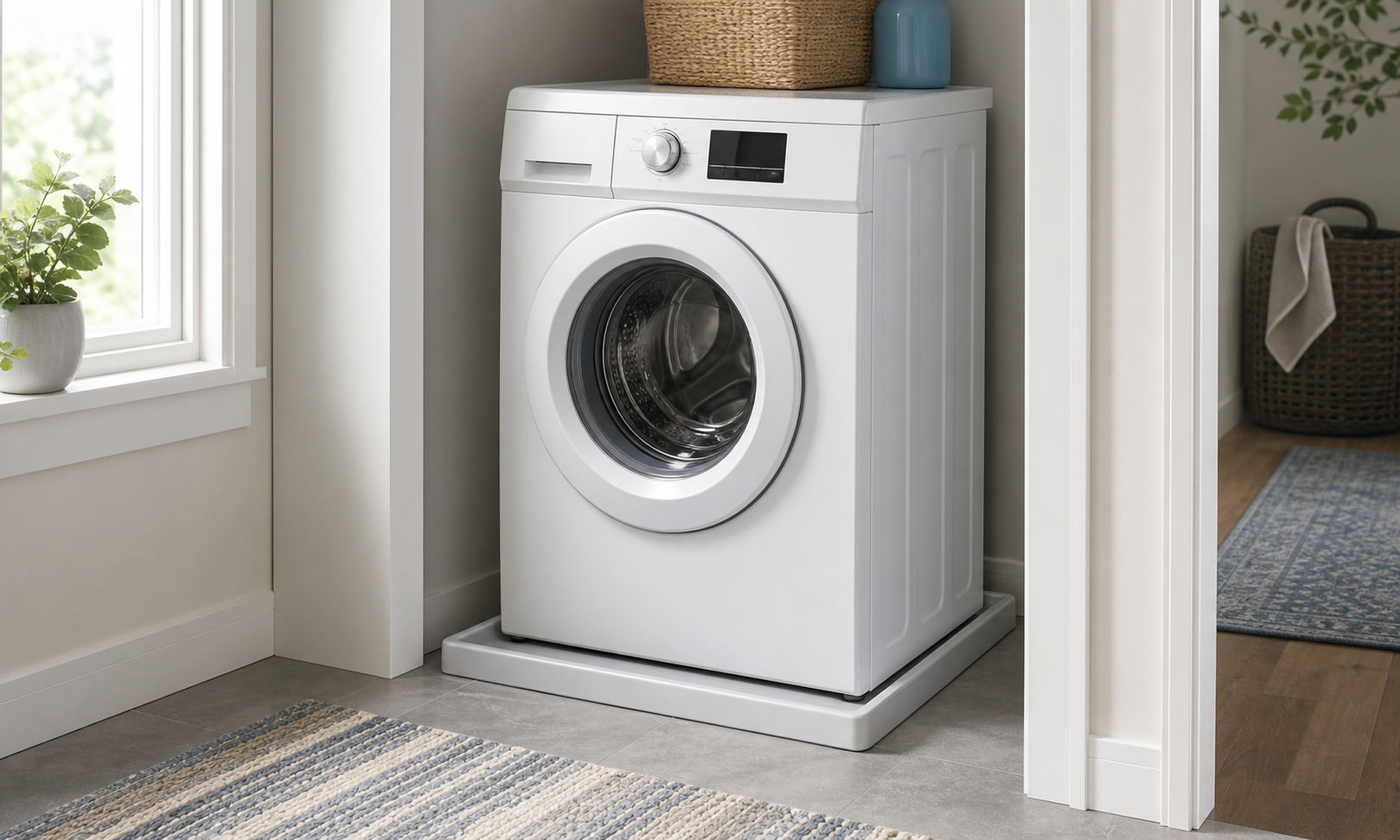 White front-loading washing machine standing inside a correctly sized low-profile leak pan in a finished laundry alcove