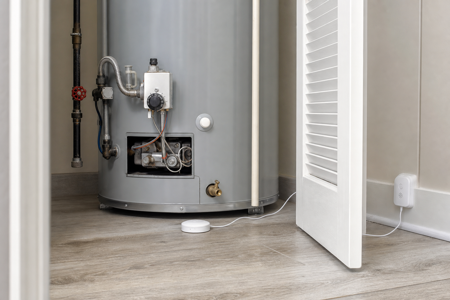 Compact floor sensor and cable-style water leak detector positioned around a water heater in a utility closet