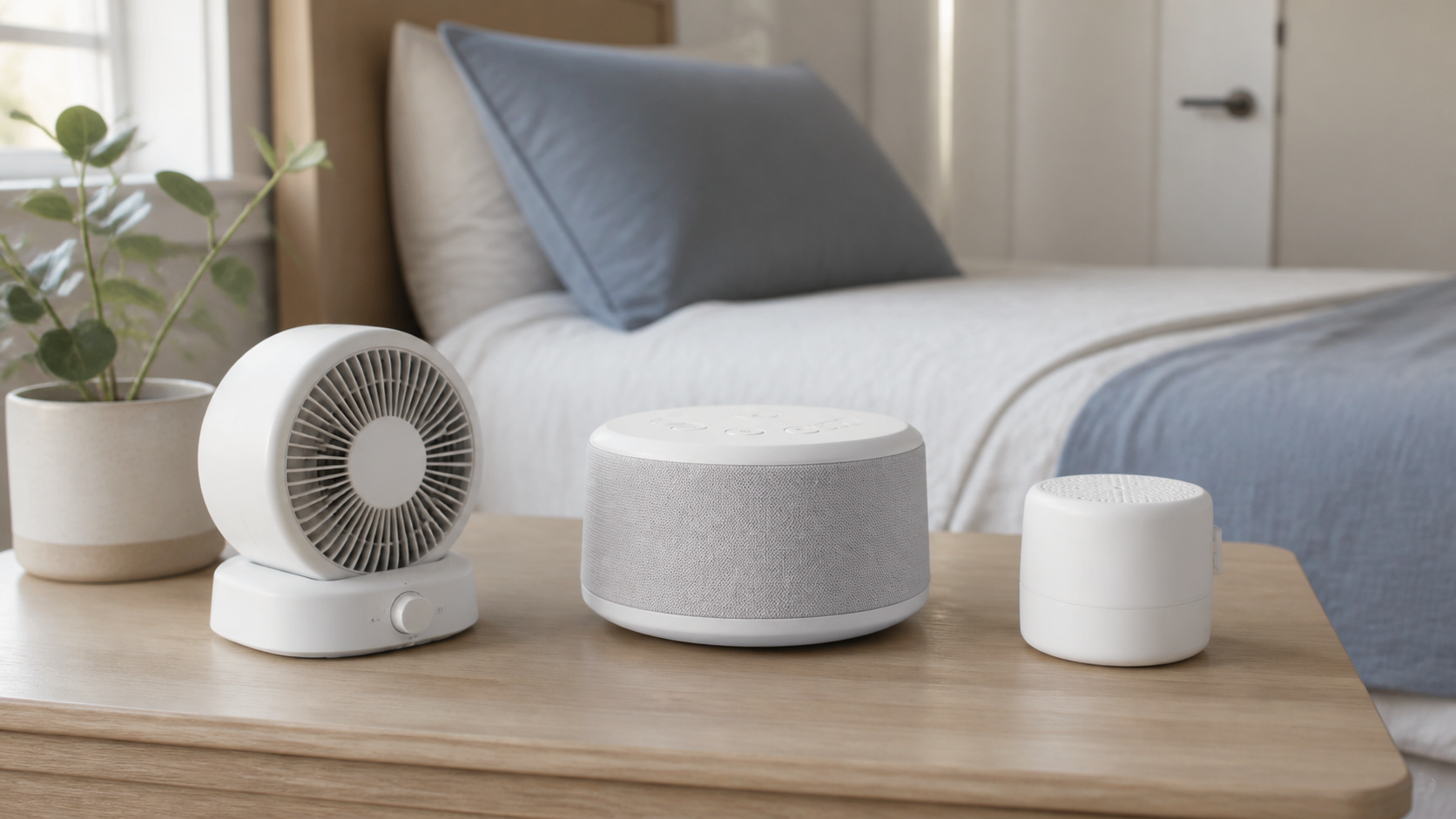 Three unbranded white noise machine styles arranged on a small apartment bedroom nightstand