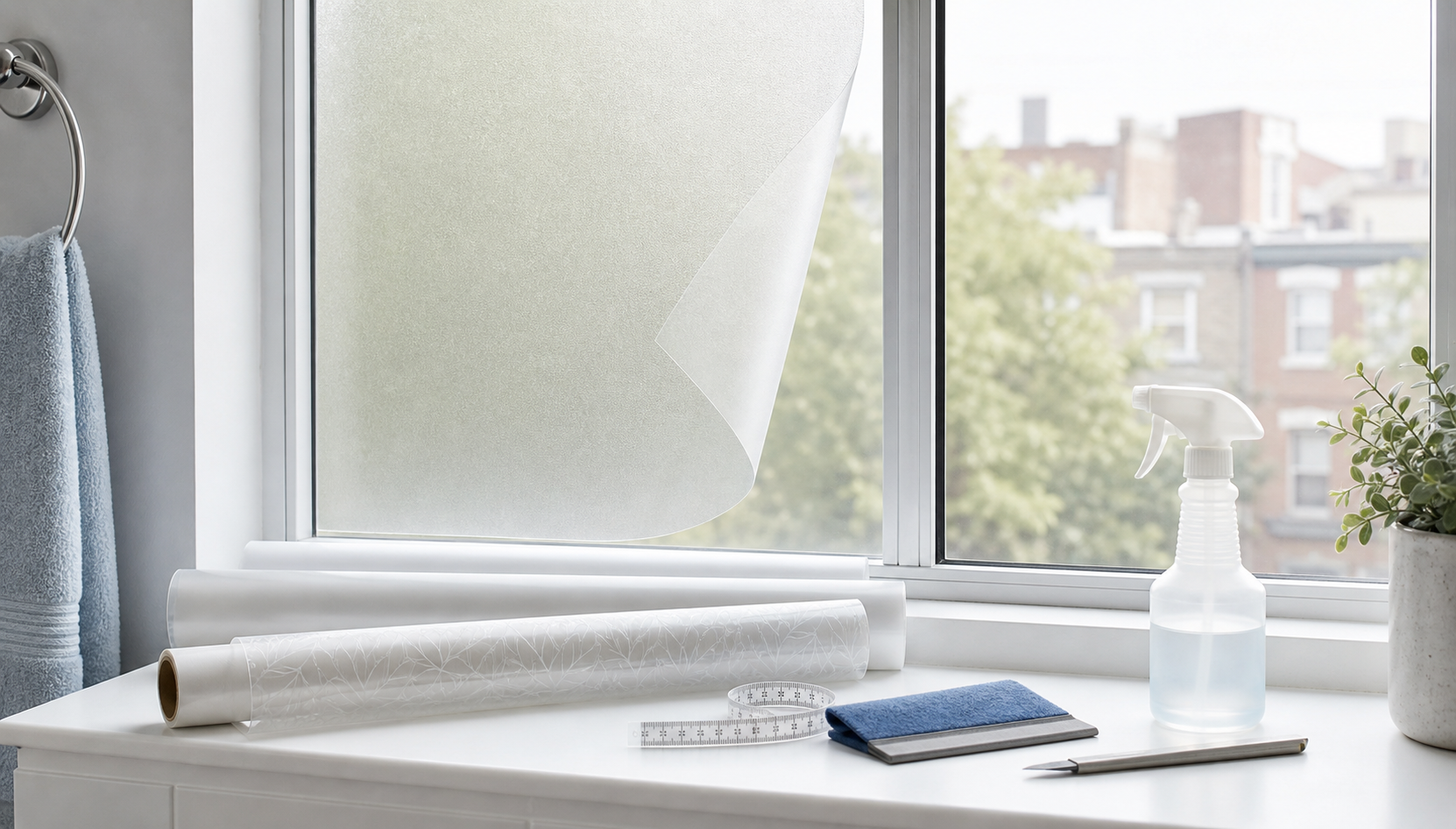 Frosted and patterned window privacy film rolls, tape measure, squeegee, and spray bottle beside a partly covered rental window