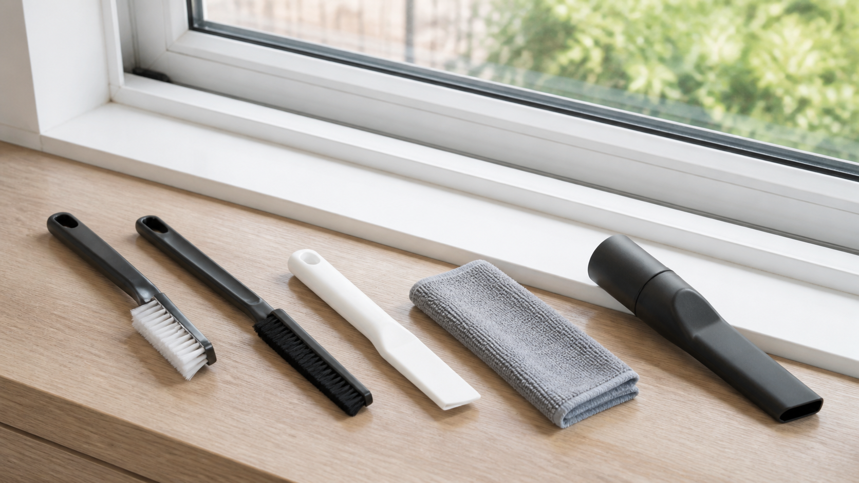 Unbranded narrow brushes, a plastic crevice scraper, microfiber cloth, and vacuum attachment arranged beside a white window track