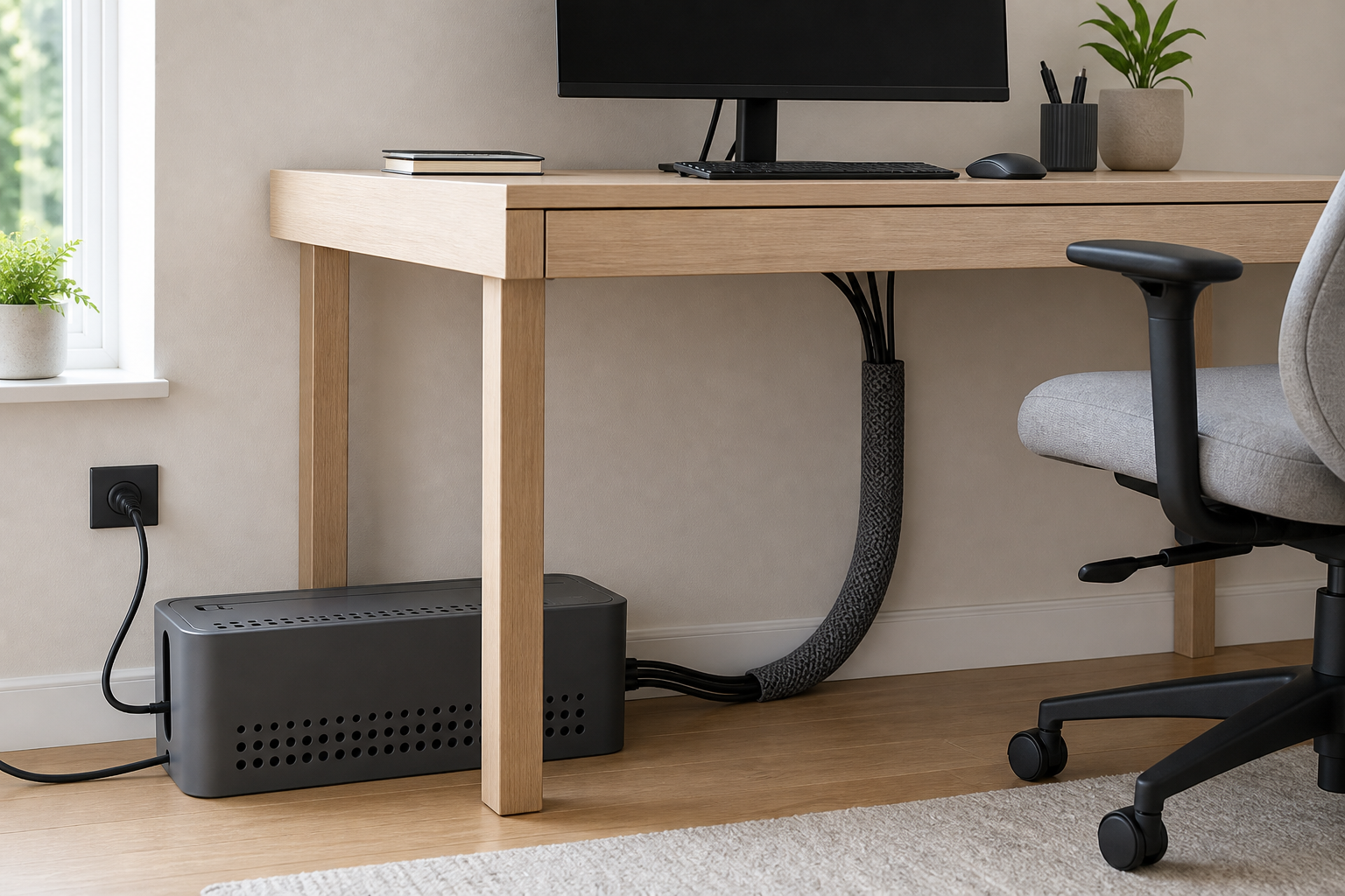Ventilated cable management box beside a desk and a woven sleeve gathering monitor and peripheral cords behind the desk leg
