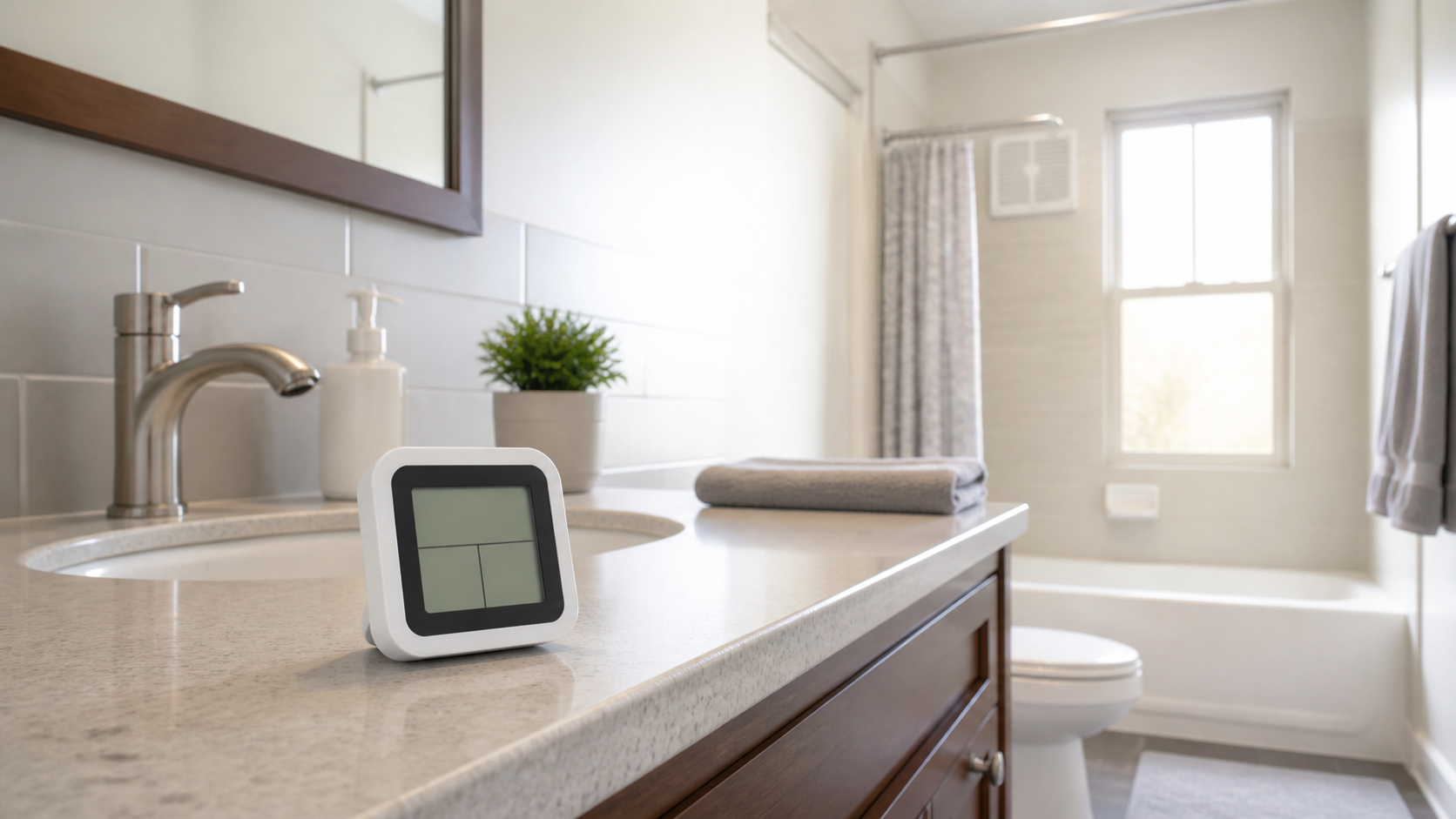 Compact digital humidity monitor placed on a dry bathroom vanity away from the sink and shower