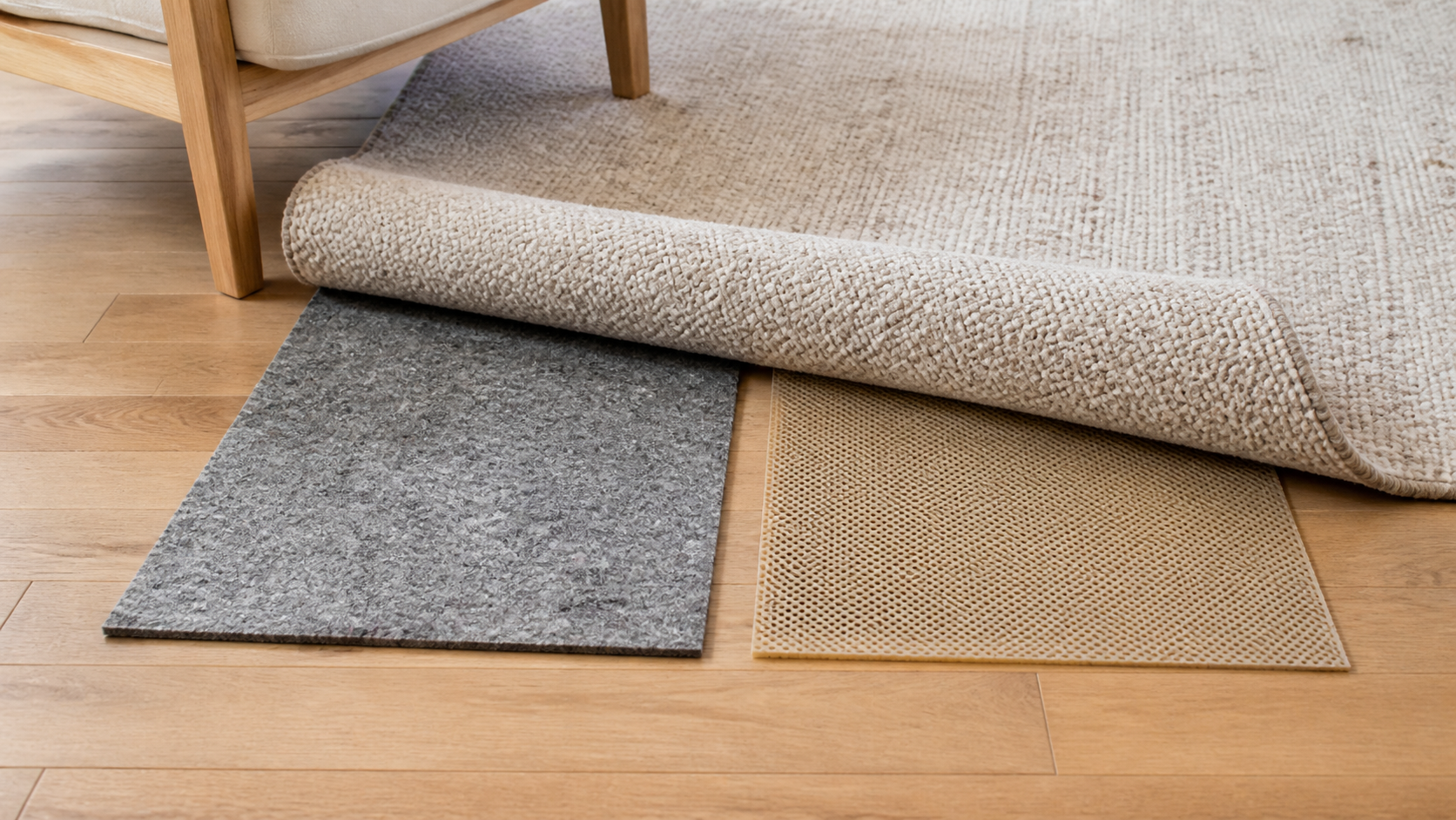 Gray felt and tan perforated rubber rug pads compared beneath a rolled-back area rug on hardwood flooring