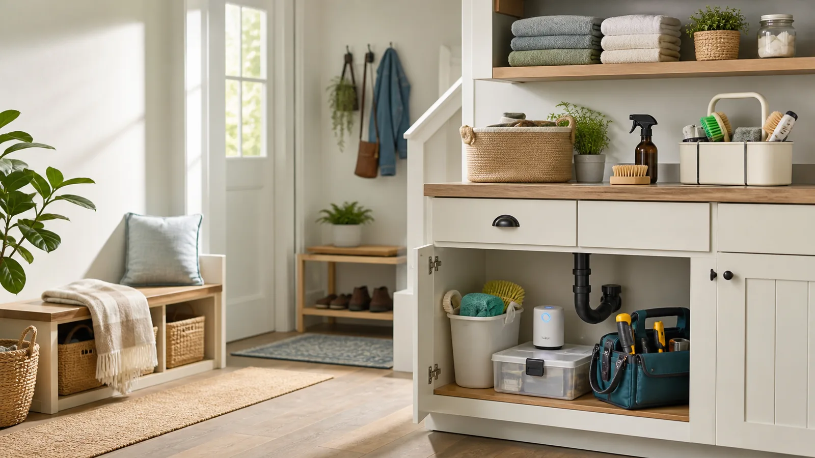 Organized entryway, utility shelves, and an open under-sink cabinet with practical storage and maintenance products
