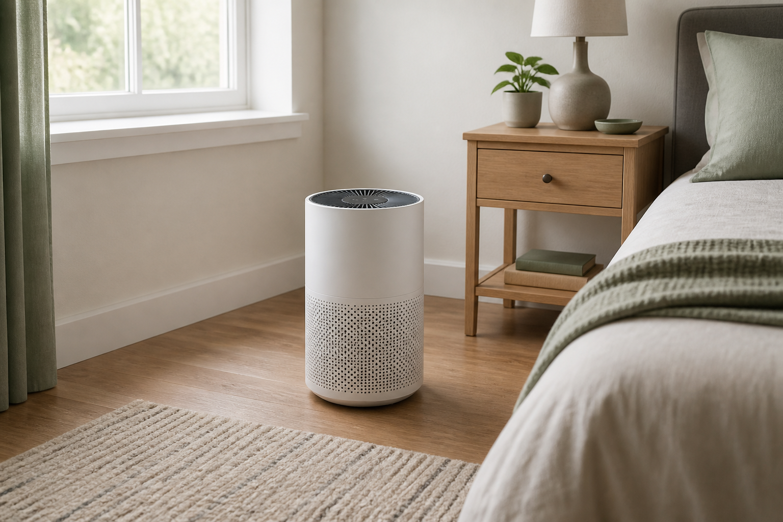 Compact unbranded air purifier with open airflow space beside a bedroom nightstand