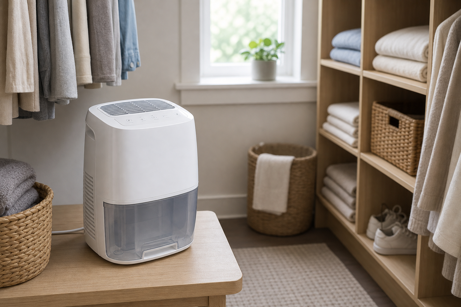Compact dehumidifier with a removable reservoir and clear airflow space in a small organized closet
