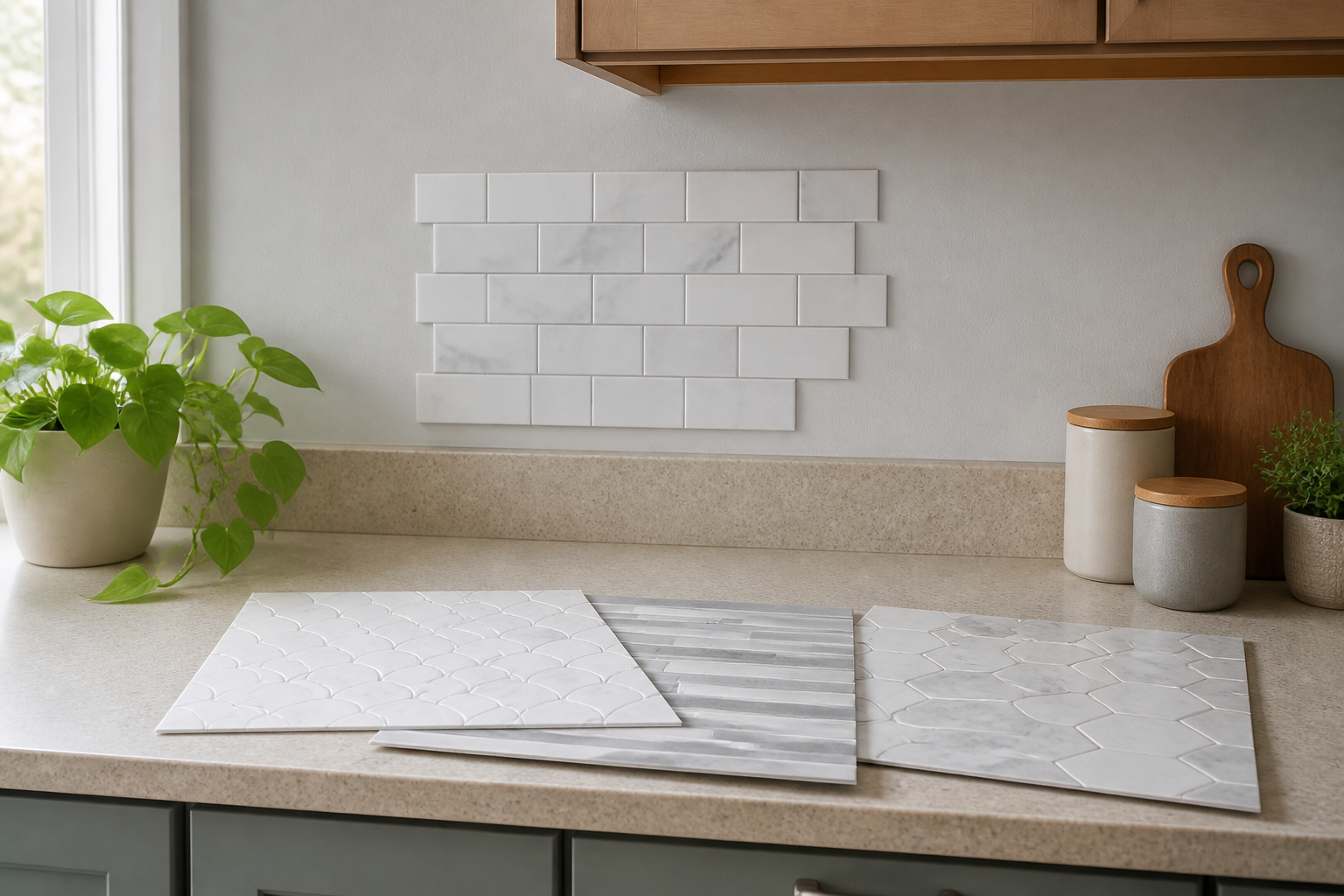 Several peel-and-stick backsplash samples compared on a compact rental kitchen counter with one sample area on a smooth wall