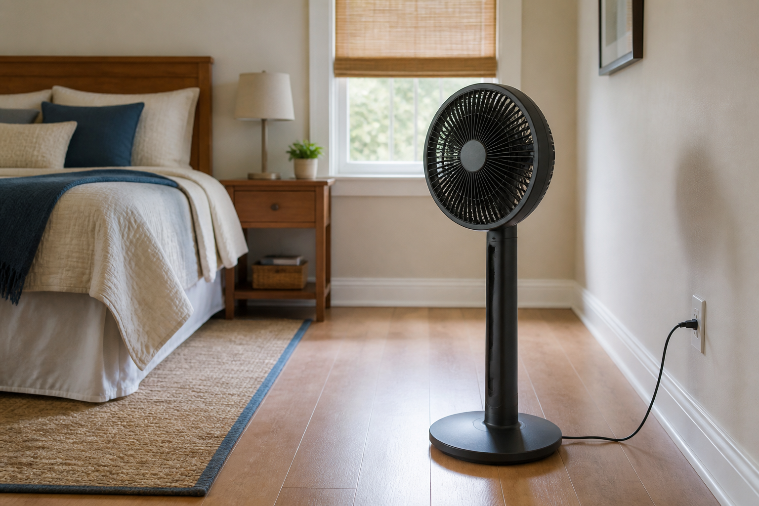 Unbranded floor fan positioned with open airflow space, a clear cord route, and a shaded window beside a bed