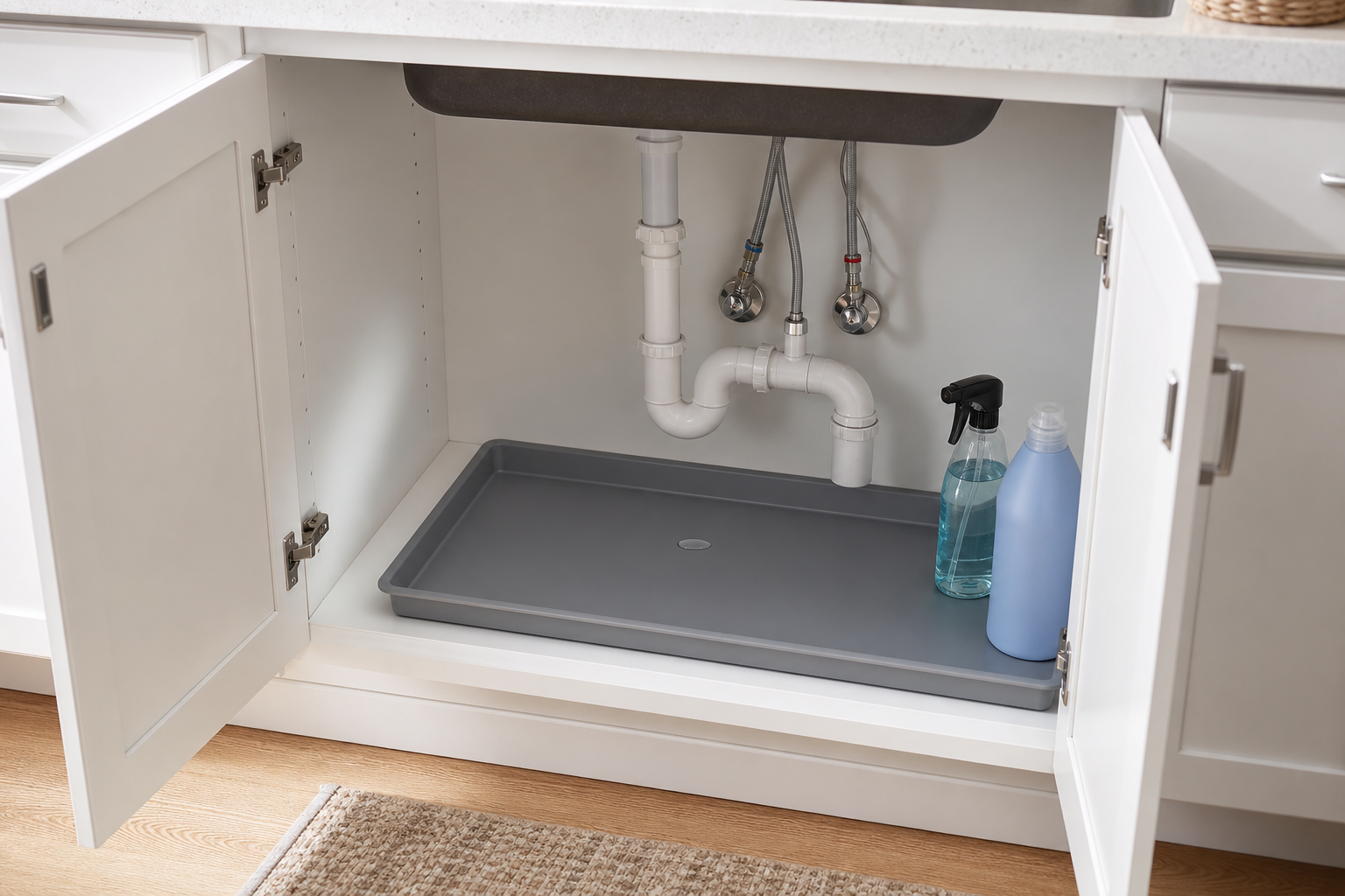 Gray raised-edge drip tray fitted across the floor of a clean kitchen sink cabinet beneath visible drain and supply plumbing