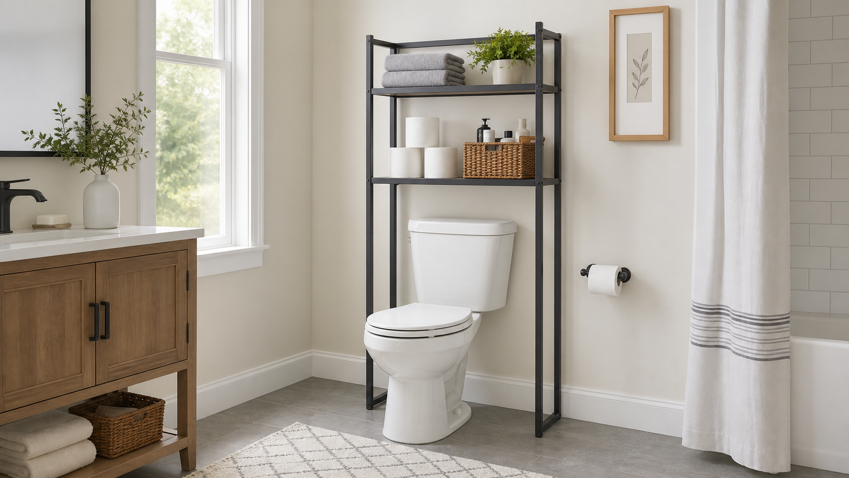 Freestanding black storage unit fitted over a toilet with towels and bathroom supplies on two shelves