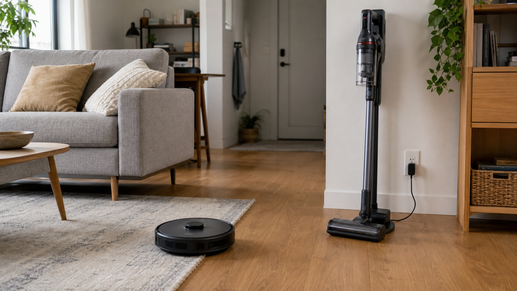 Unbranded robot vacuum beside a low-pile rug and cordless stick vacuum in a charging dock in a small apartment