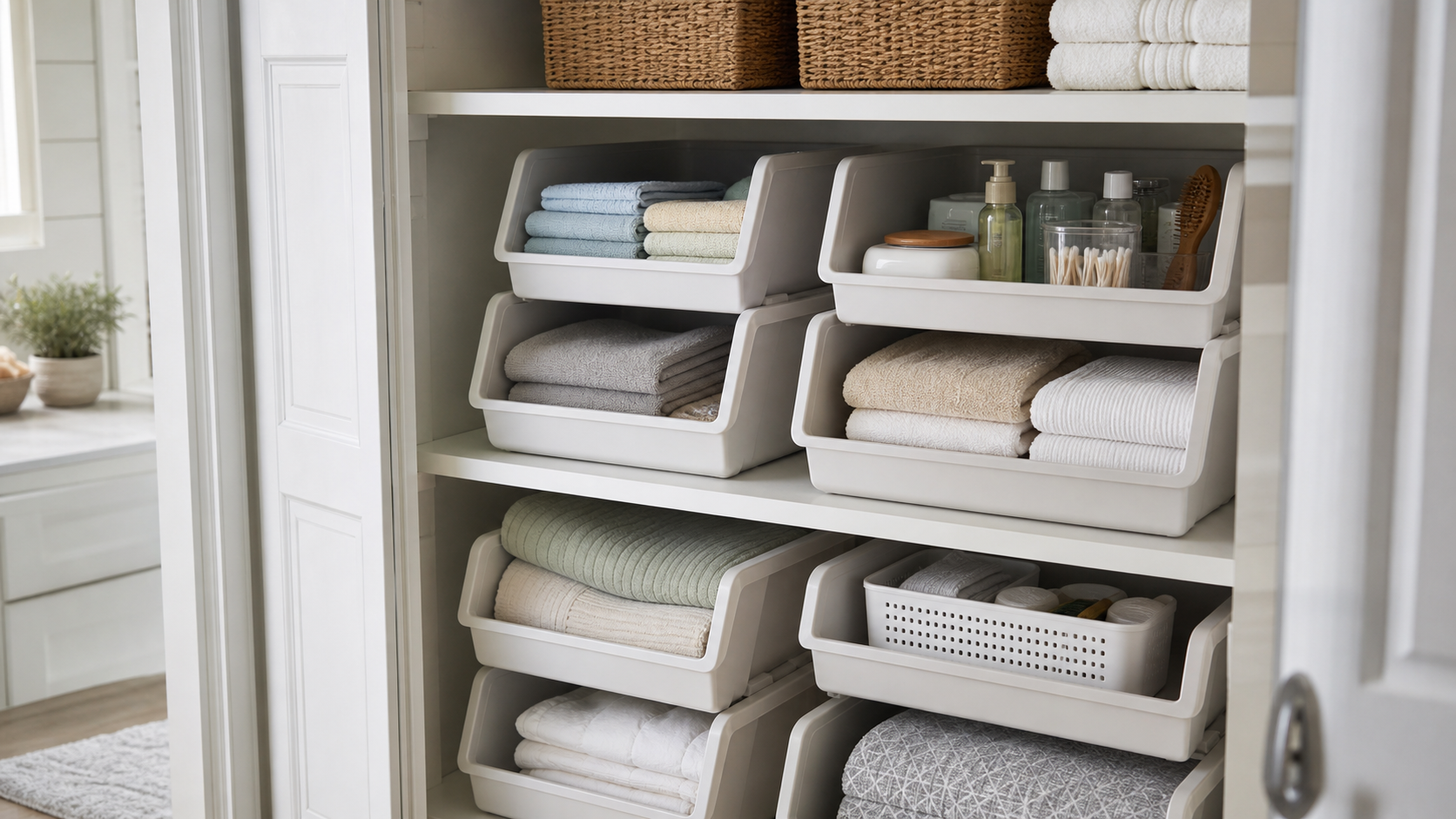 Open-front stackable bins organizing folded towels, washcloths, and toiletries on linen closet shelves