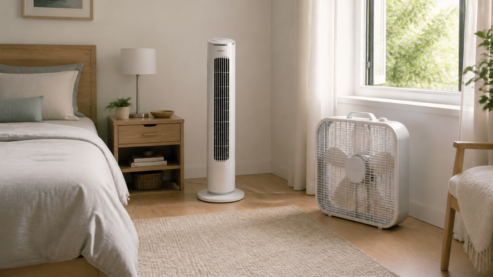 Unbranded slim tower fan beside a nightstand and square box fan on the floor near a bedroom window