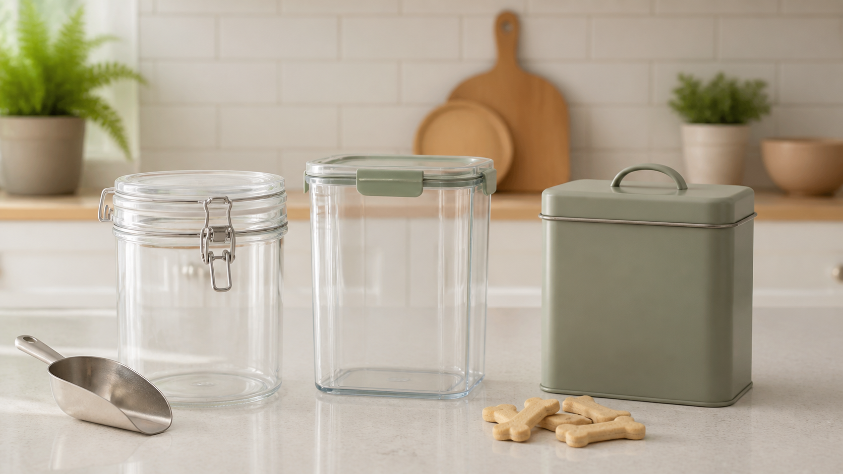 A clamp-lid clear canister, rectangular press-seal container, and fitted-lid metal tin arranged for compact daily pet treat storage on a kitchen counter.