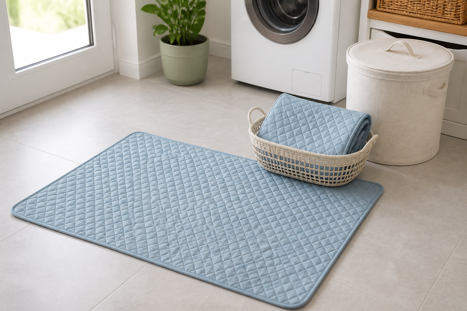 Large quilted washable pee pad lying flat on tile with a clean spare folded for laundry rotation