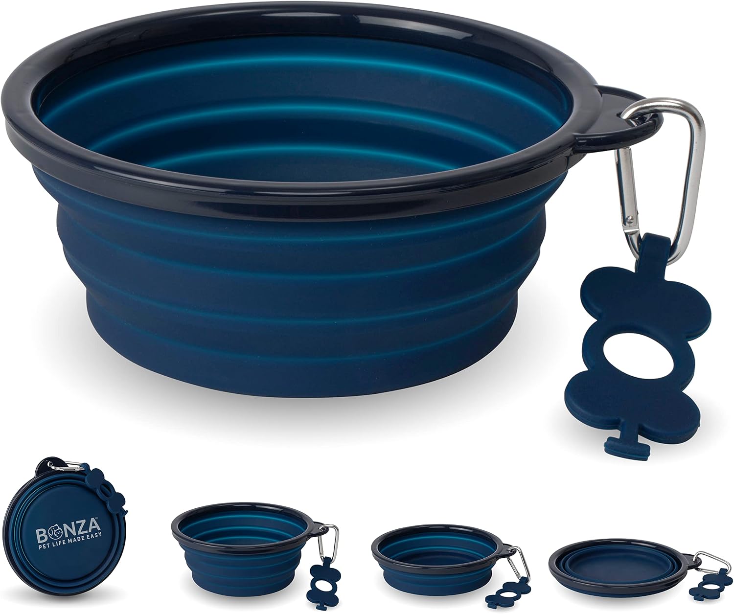 Bonza collapsible dog water bowl with reinforced rim and carabiner