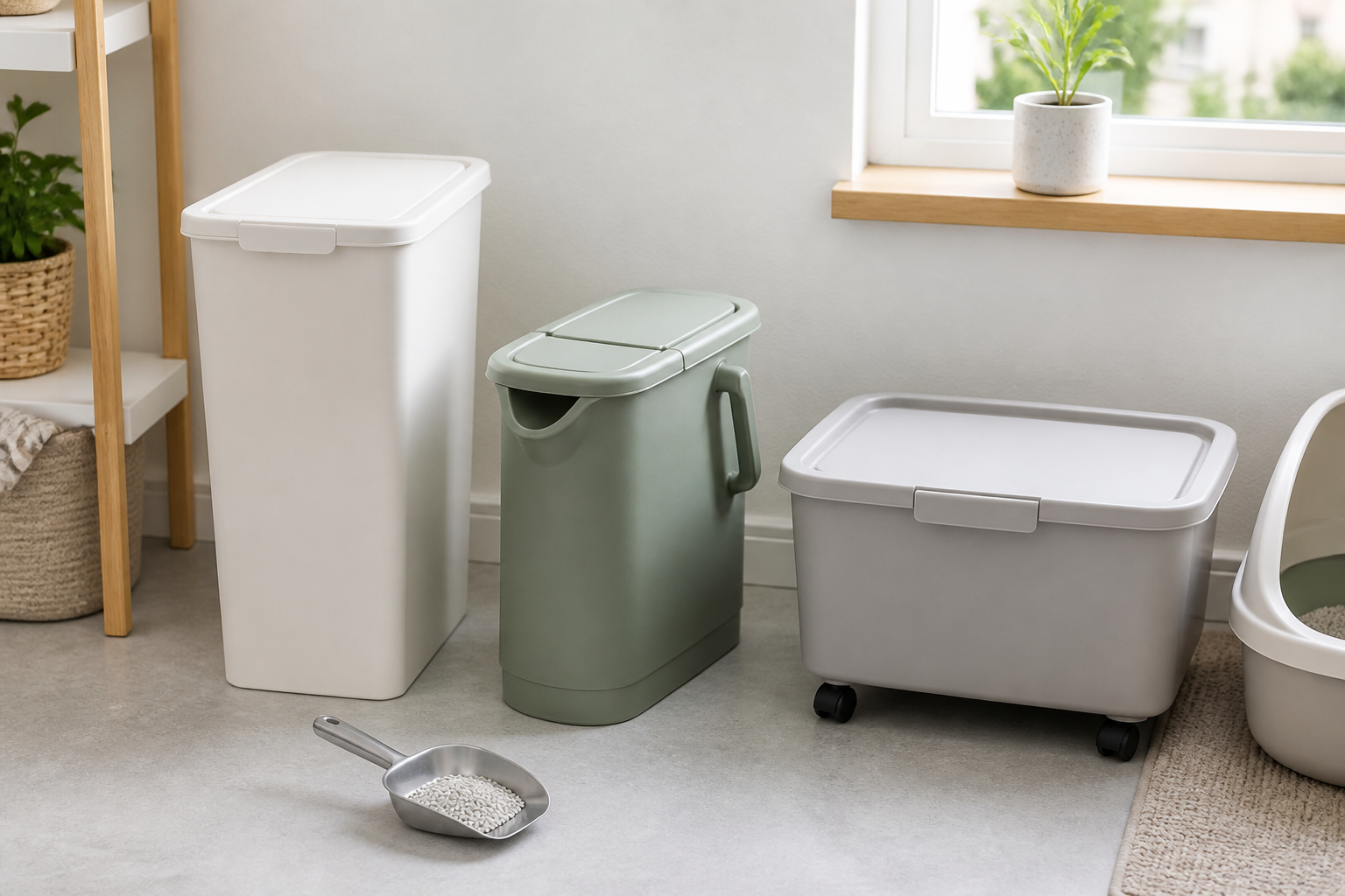 Three unbranded containers for clean unused cat litter in a compact home: a tall slim lidded bin, handled pour container, and low wheeled bin
