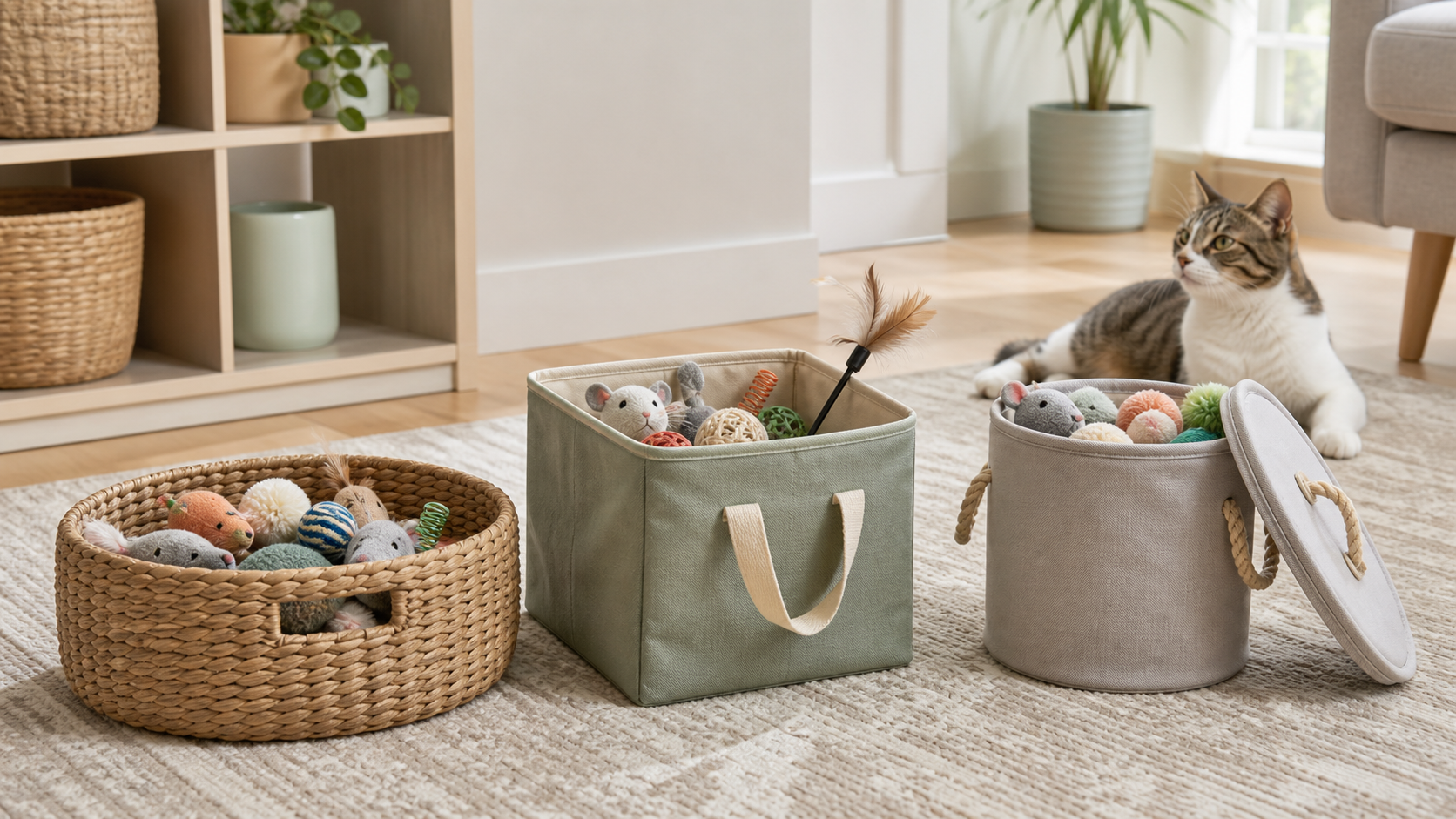 A low woven basket, handled fabric cube, and lidded fabric basket holding small cat toys in a bright living room.