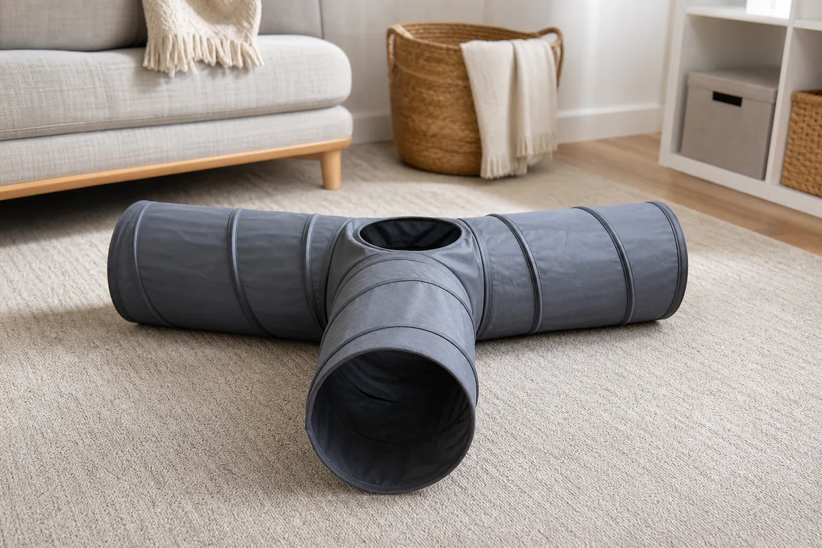 Generic three-way collapsible cat tunnel showing a compact small-space play layout